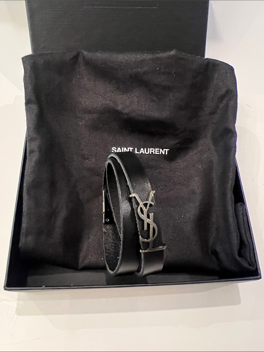 Saint Laurent Black Leather Bracelet with YSL Silver Logo